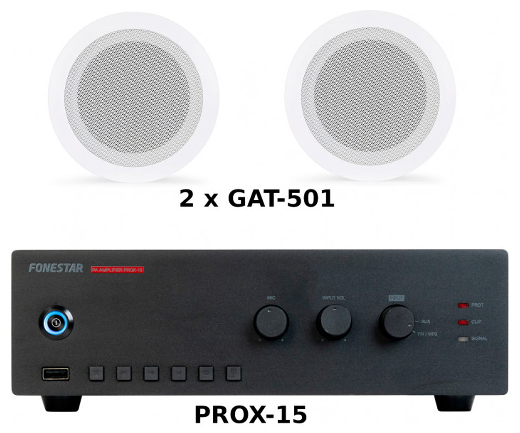 FONESTAR PACK AHORRO 50 - AMPLIFICADOR PROX-15 + PAREJA ALTAVOCES DE TECHO GAT-501
