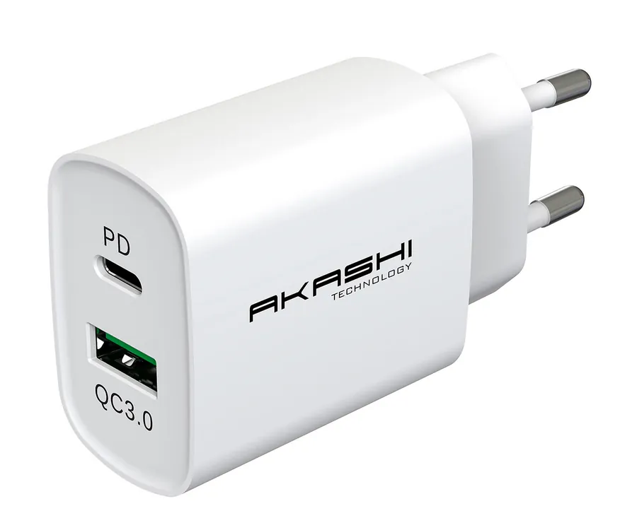 AKASHI ALTACQC20WH / Cargador de red eléctrica USB-A + USB-C 20W