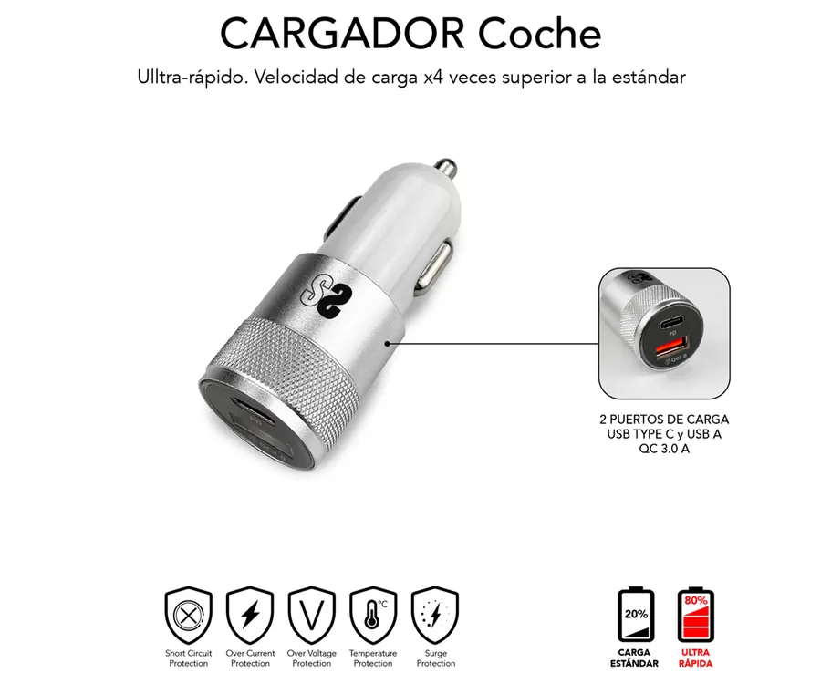 CARGADOR COCHE SUBBLIM + CABLE USB-C SUB-CHG-5CPD02
