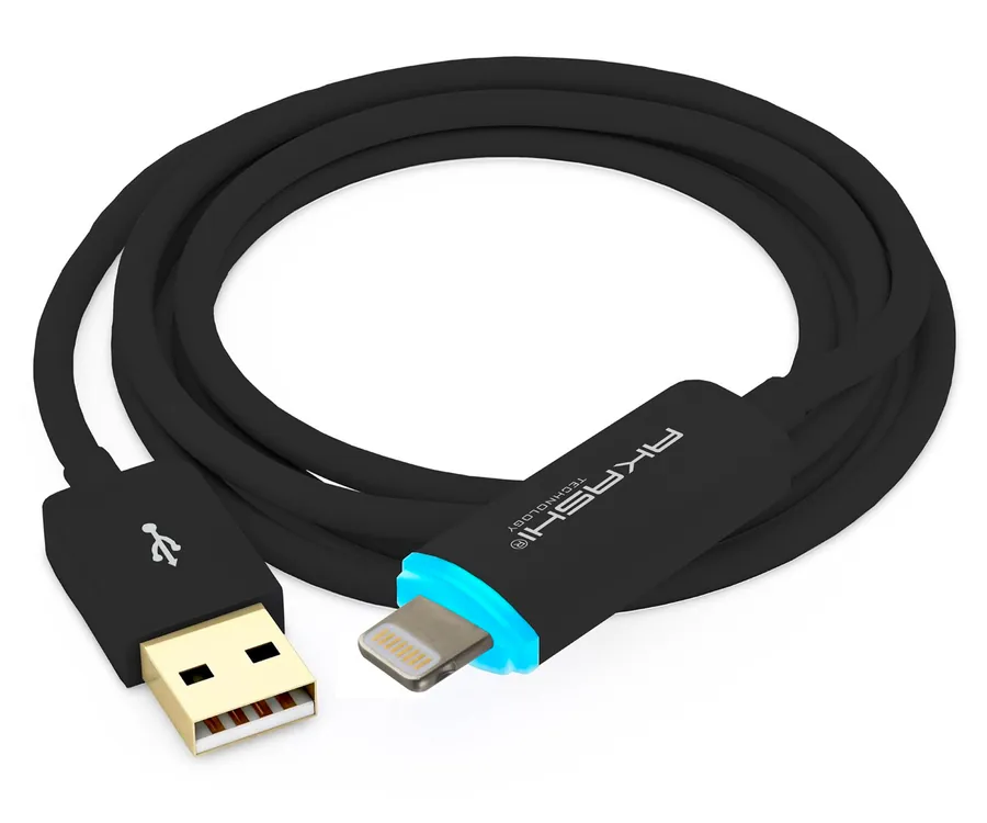AKASHI Cable USB-A a Lightning de 1 metro / Silicona negra con LED