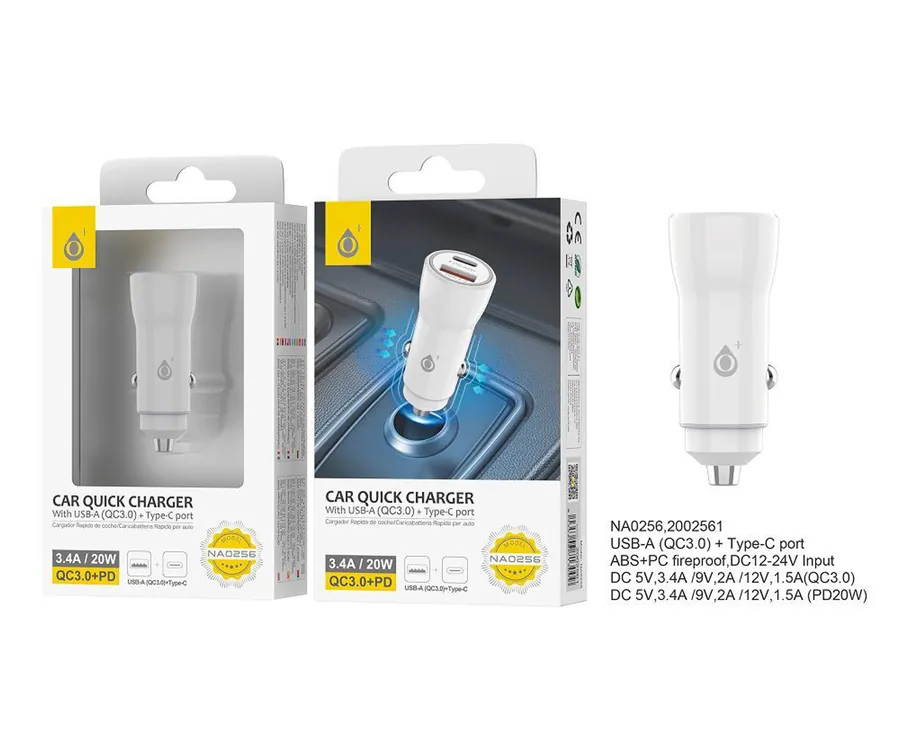 JC NA0256 White / Cargador de vehículo USB-C / USB-A 20W