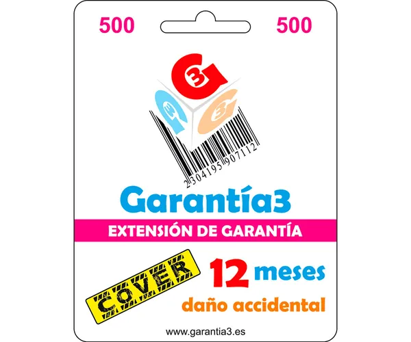 GARANTÍA3 COVER 500 / Garantía por rotura y daño accidental de 1 año hasta 500€