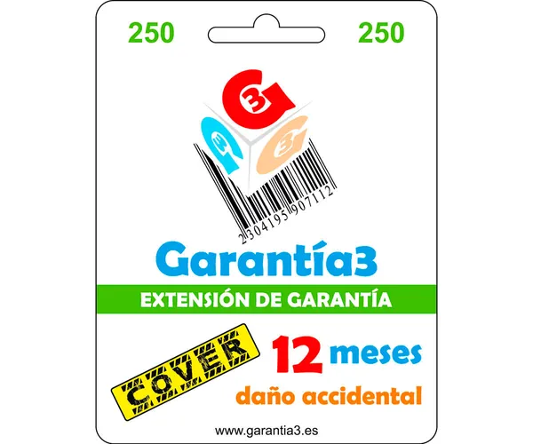 GARANTÍA3 COVER 250 / Garantía por rotura y daño accidental de 1 año hasta 250€