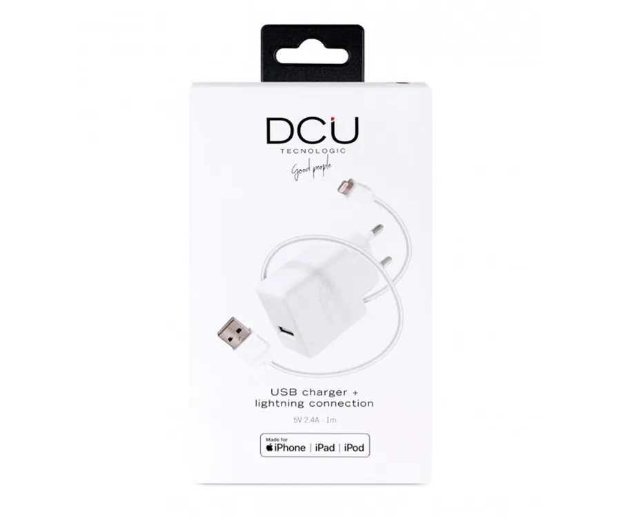 DCU CARGADOR BLANCO PARED 5V 2.4A + CABLE CONECTOR USB A LIGHTNING PARA APPLE 1M (2)